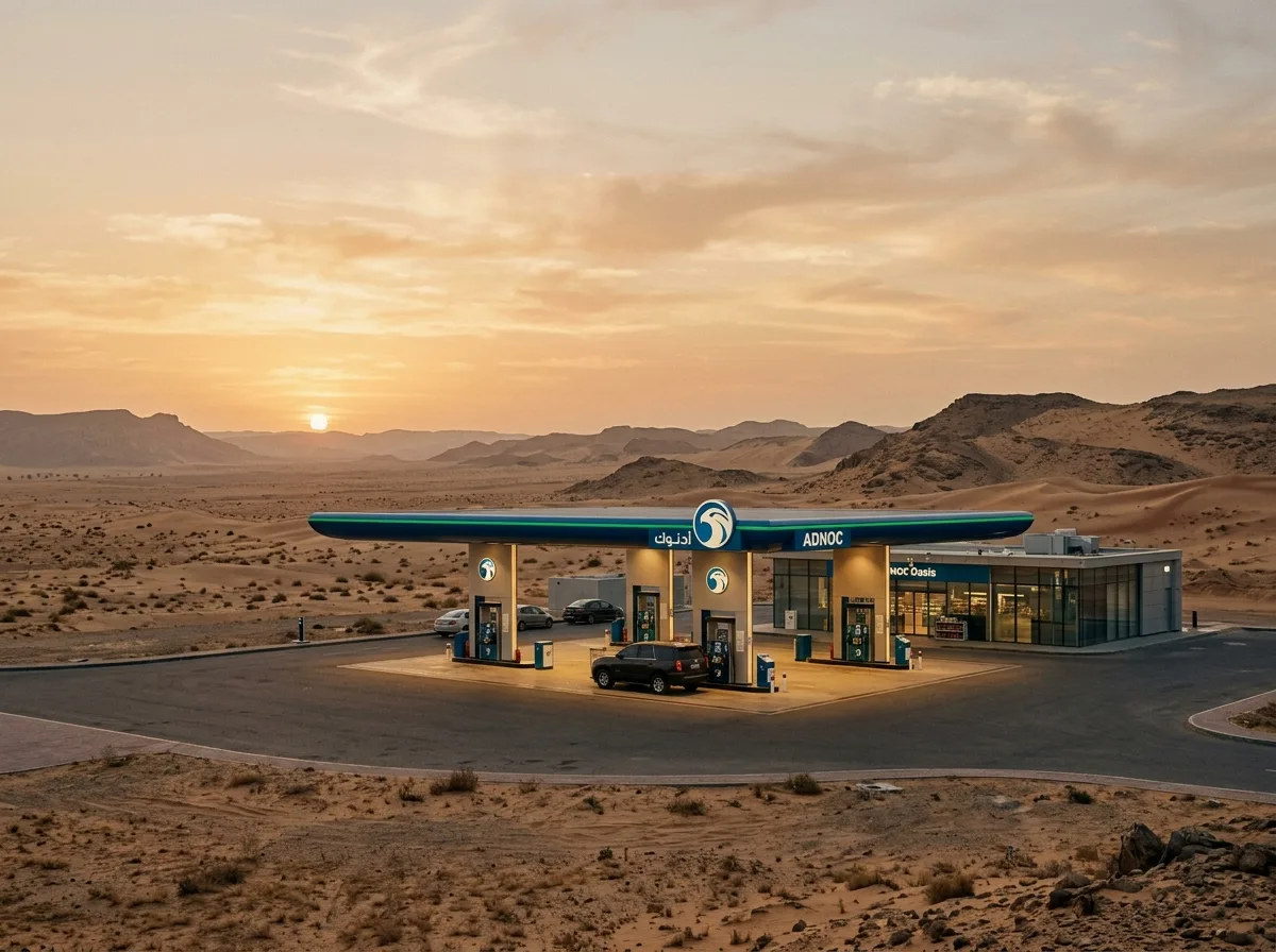 Современная автозаправочная станция ADNOC на фоне пустынного пейзажа