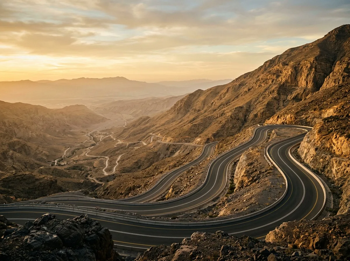 Извилистая горная дорога Jebel Jais с видом на долину внизу