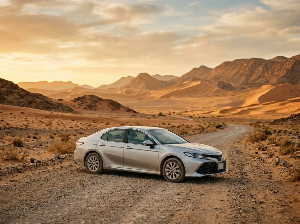 Прокатная Toyota Camry на фоне пустыни